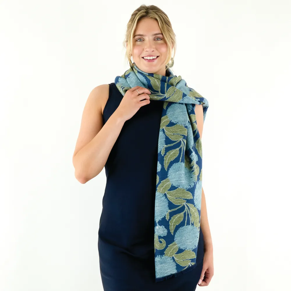 Chrysanthemum Flower Blue Reversible Wrap