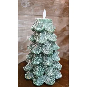 Green Christmas Tree with White Glitter Moving Flame LED Candle 5x6.5in 2
