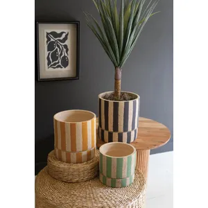 Set of 3 Striped Clay Planters with Trays 1