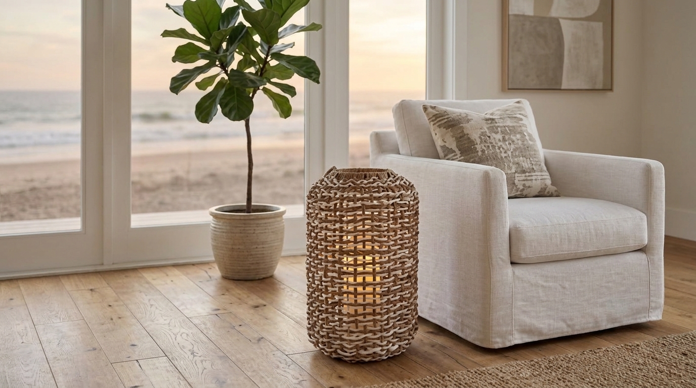 Woven rattan floor lantern glowing beside armchair with ocean view