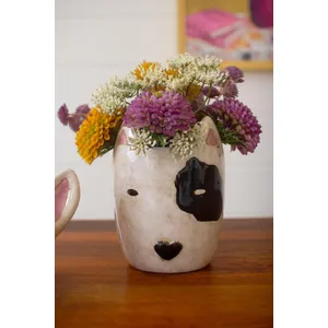 Set of 2 Ceramic Black and White Dog Head Planters 4