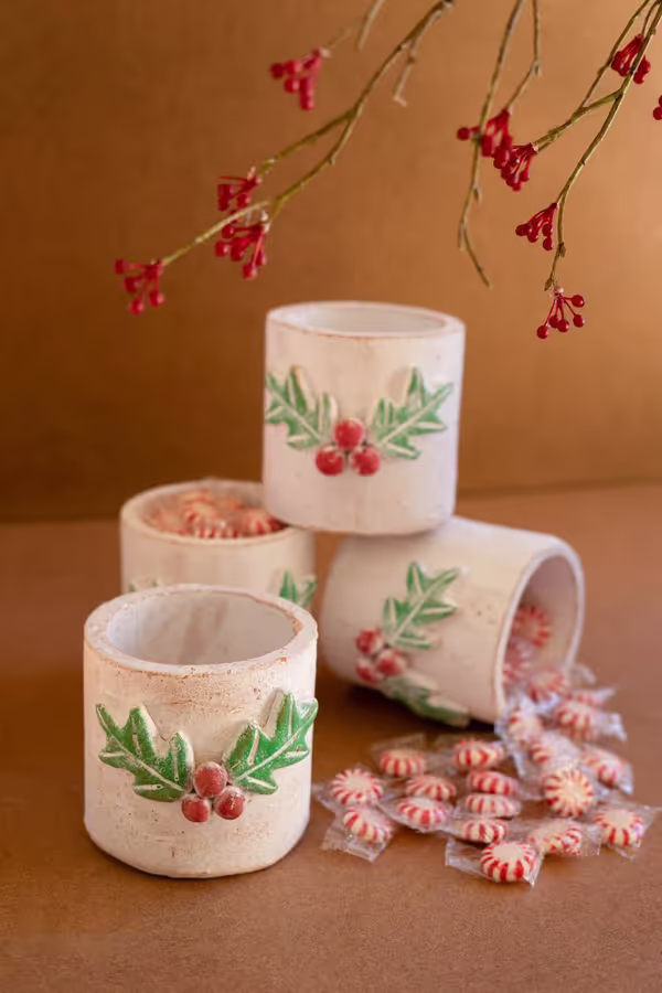 Clay Christmas Holly Container