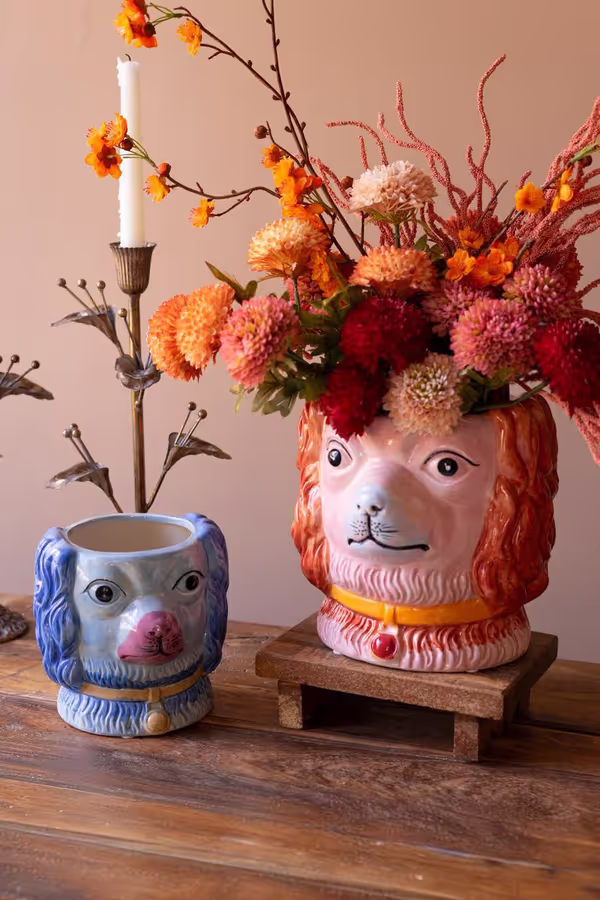 Set of 2 Vintage-Inspired Ceramic Colorful Dog Vases