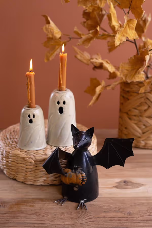 Set of 2 Metal Ghost Taper Candle Holders