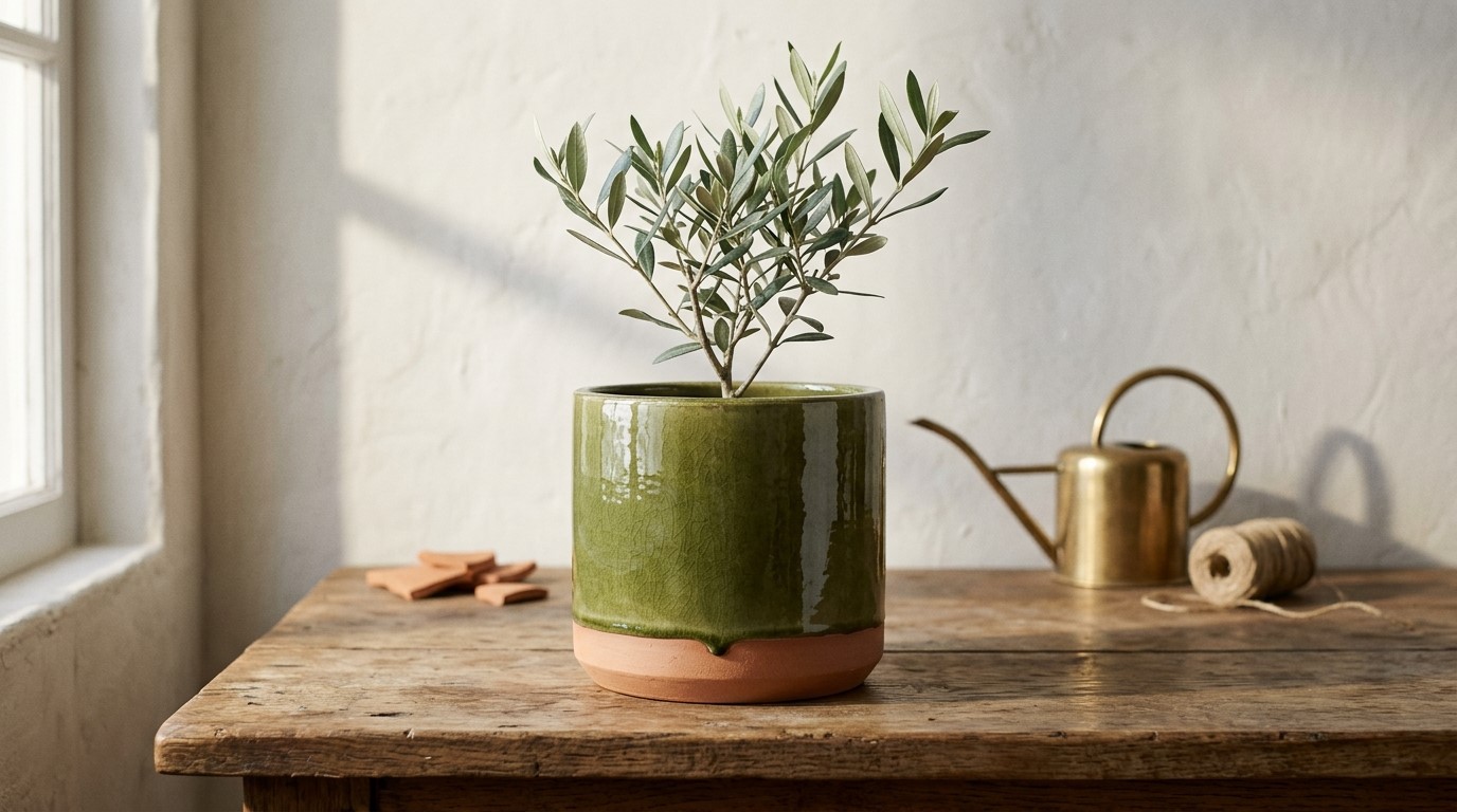 Green glazed planter with the raw terracotta clay body left exposed around the base
