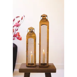 Set of 2 Antique Brass Taper Candle Lanterns with Wire Screen 4