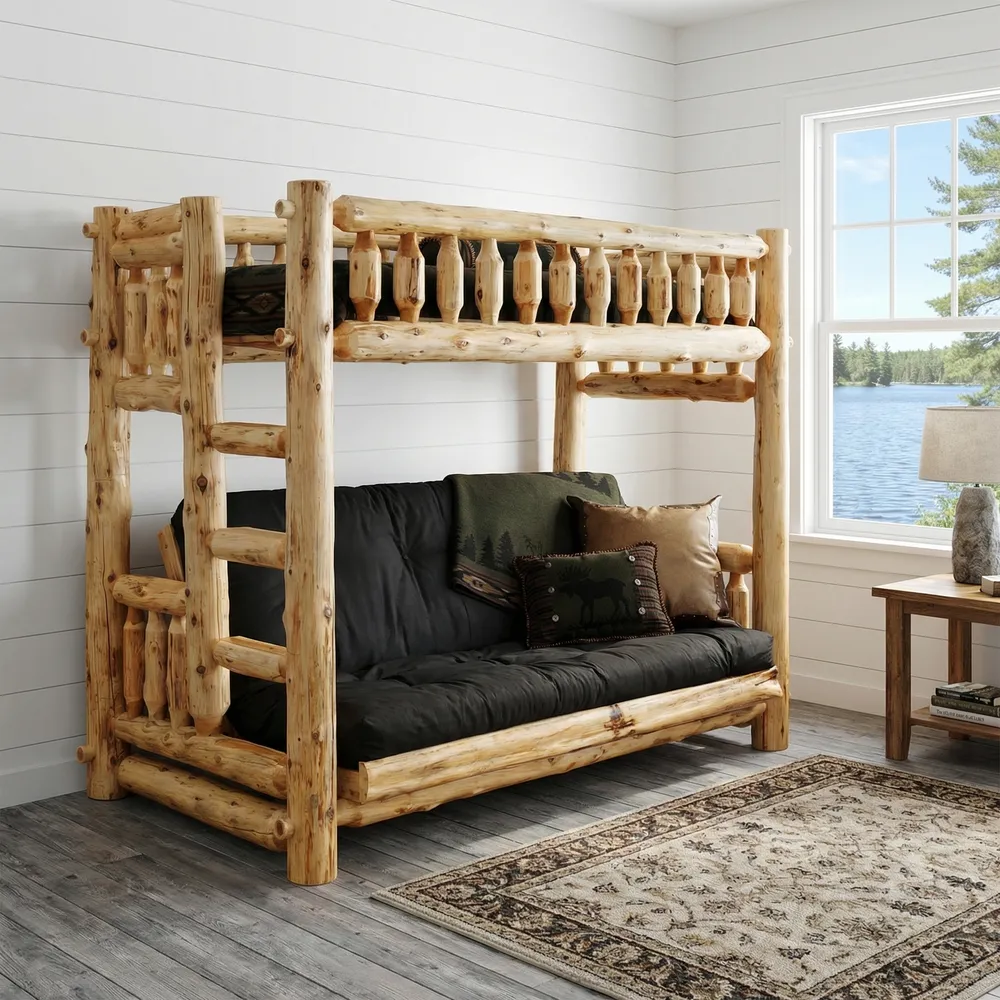 Cedar Log Bunk Bed - Futon/Single - Ladder Right - Coffee