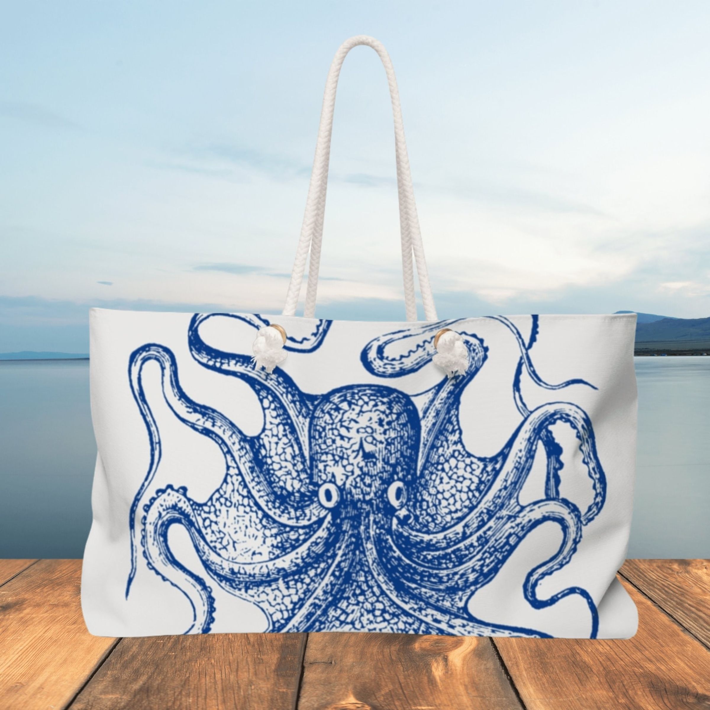 HEAVY CANVAS ROPE TOTE W WICKER BOTTOM - OCTOPUS