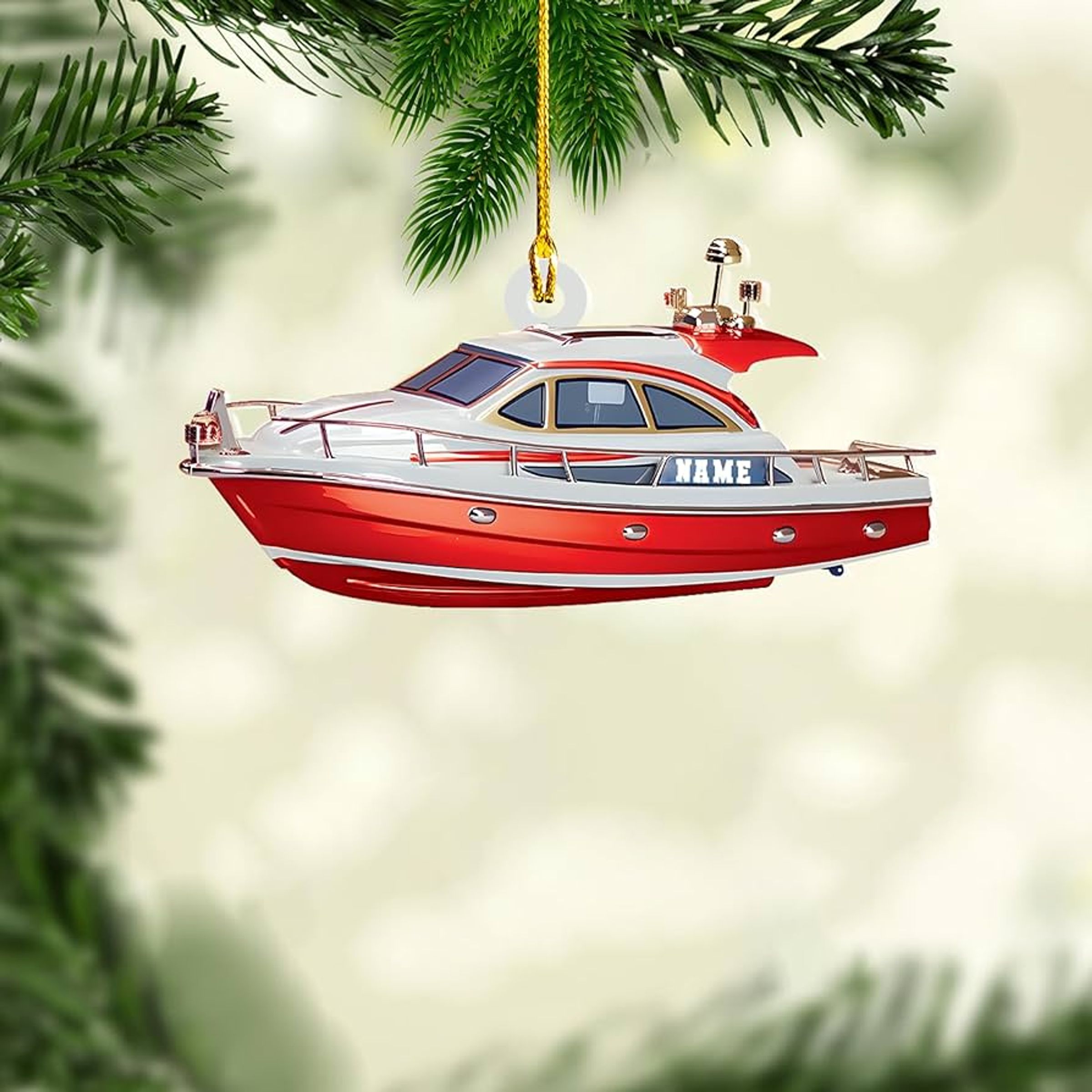 CRUISERS BOAT CHRISTMAS ORNAMENT W SPINNING PROPELLER - FLAMINGO FAMILY