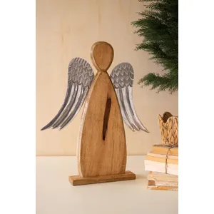 Mango Wood Carved Angel with Aluminum Wings 1