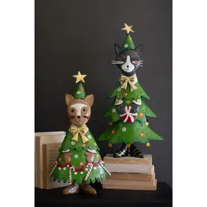 Set of 2 Painted Metal Cat Christmas Trees 1