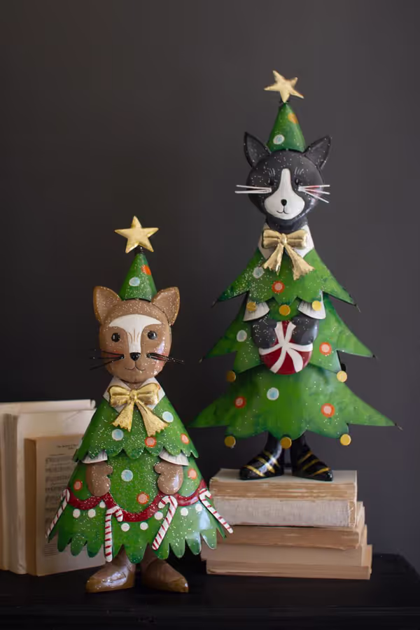 Set of 2 Painted Metal Cat Christmas Trees