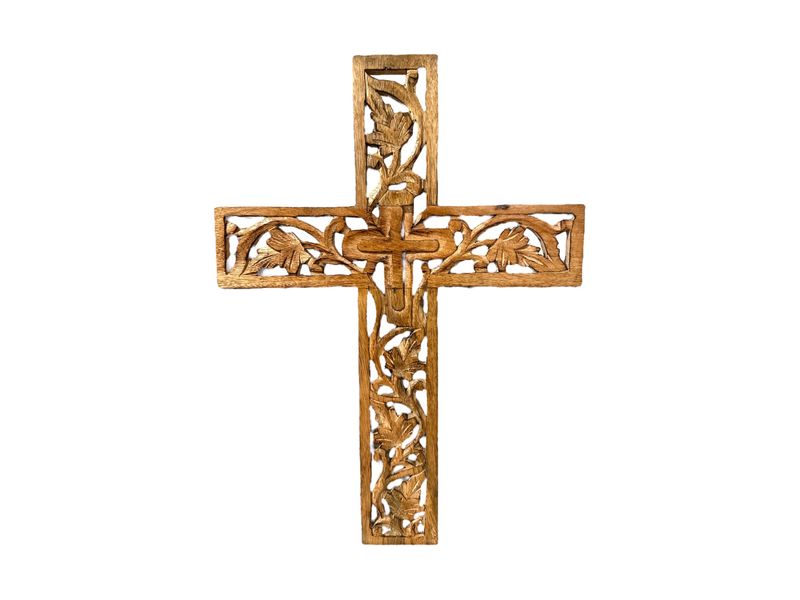 18" x 10.75" Carved Leaf Wood Cross 1