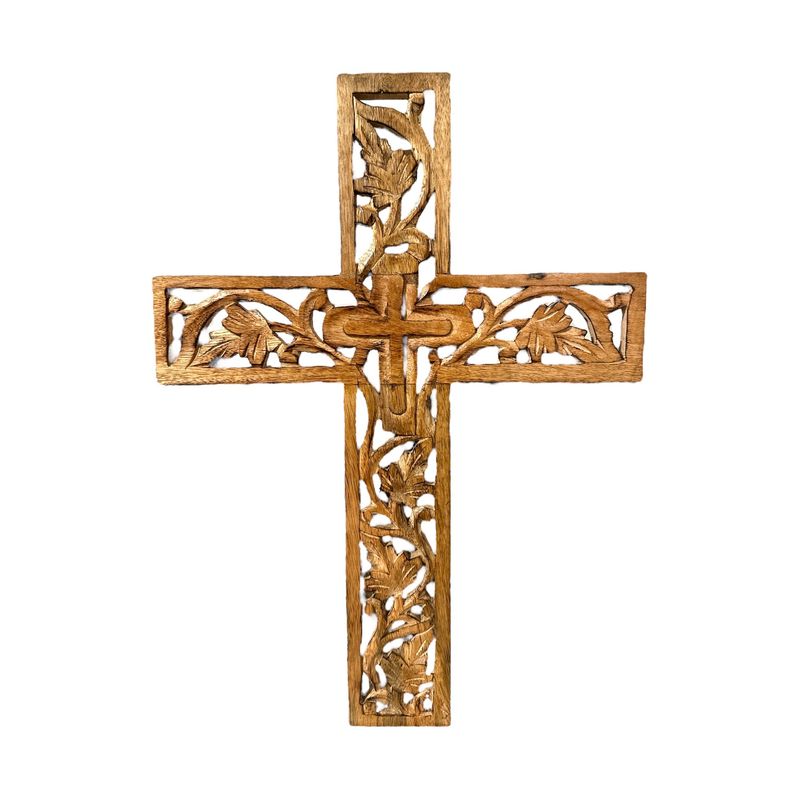 18" x 10.75" Carved Leaf Wood Cross