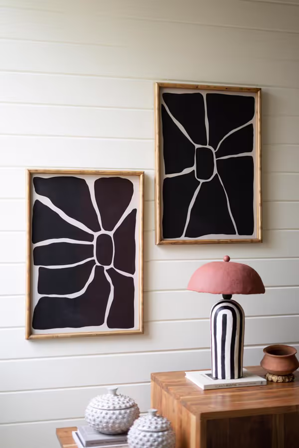 Set of 2 Black and White Framed Abstract Prints Under Glass