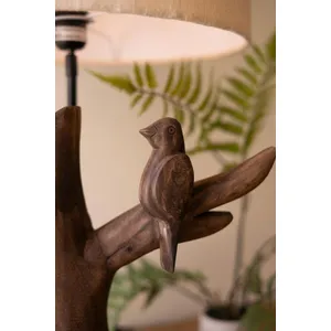 Hand-Carved Mango Wood Tree with Bird Lamp Base with Fabric Shade 2