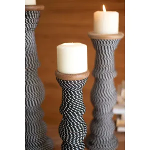 Set 3 Wooden Candle Holders Wrapped with Black & White String 2