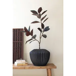 Short Black Stone Composite Urn with Fluted Detail 1