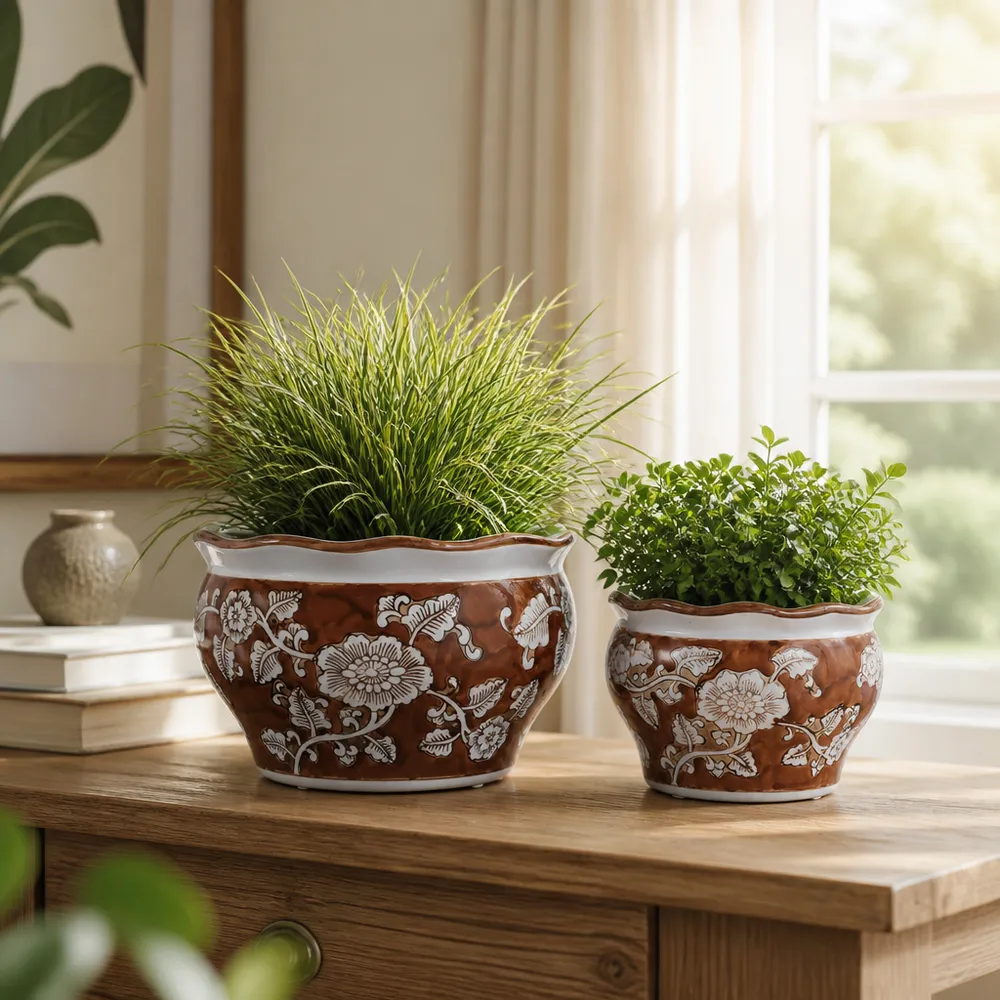 HENLEYDALE SET OF 2 BROWN PLANTER 7 (IN)