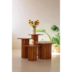 Set of 4 Acacia Wood Accent Tables with Tambour Bases 1