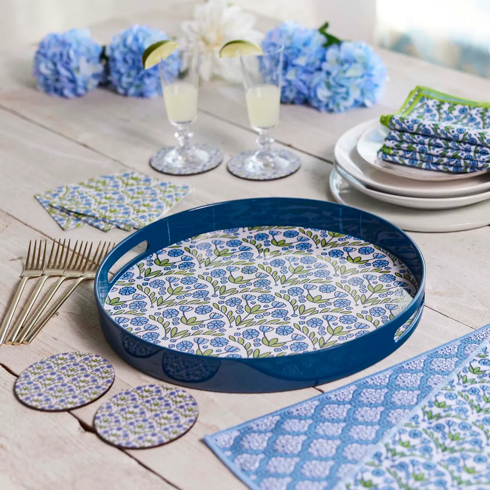 Blaire Blue  Round Lacquer Serving Tray