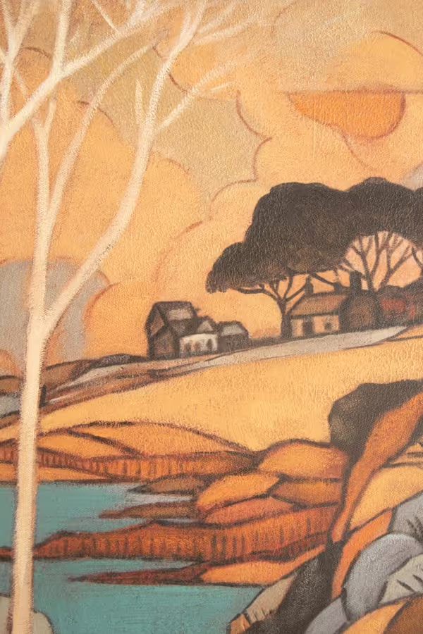 Framed Landscape with White Trees Painting