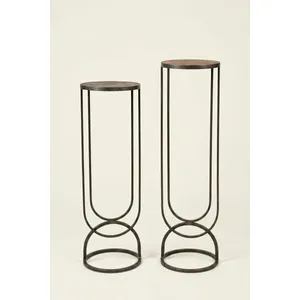 Set of 2 Metal Accent Pedestals with Recycled Wood Tops 4