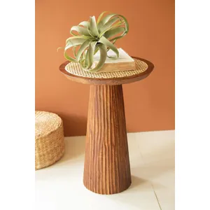 Round Wooden Side Table with Woven Cane Top 1