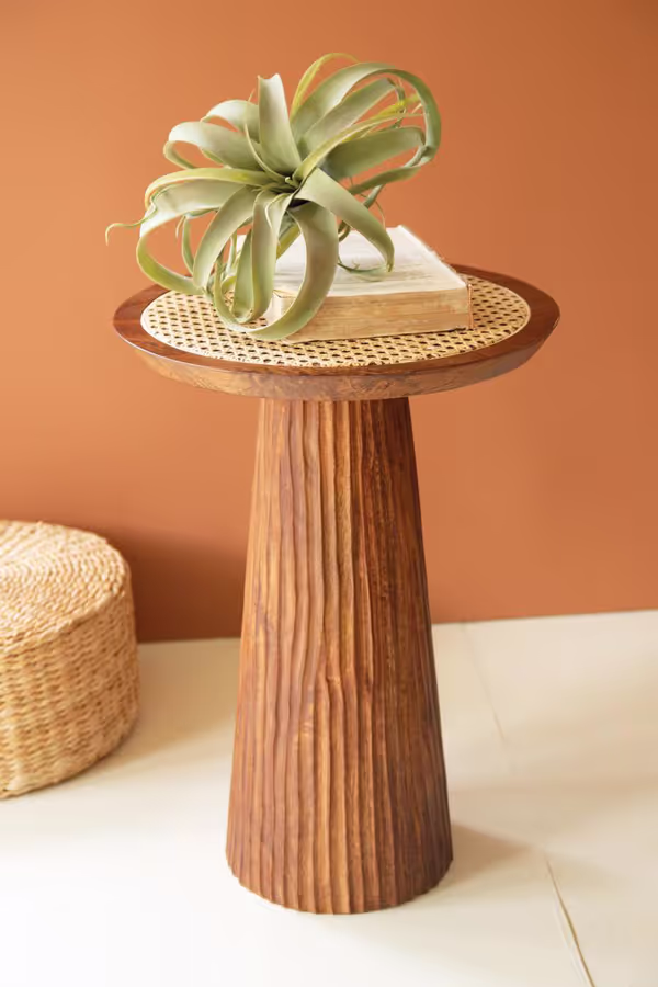 Round Wooden Side Table with Woven Cane Top