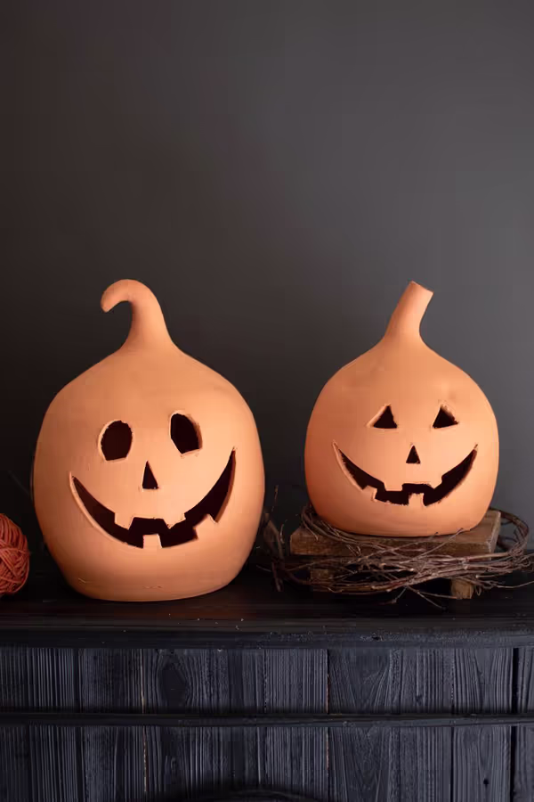 Set of 2 Terracotta Jack-O-Lanterns