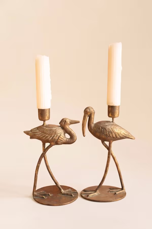 Set of 2 Antique Brass Shorebird Taper Candle Holders
