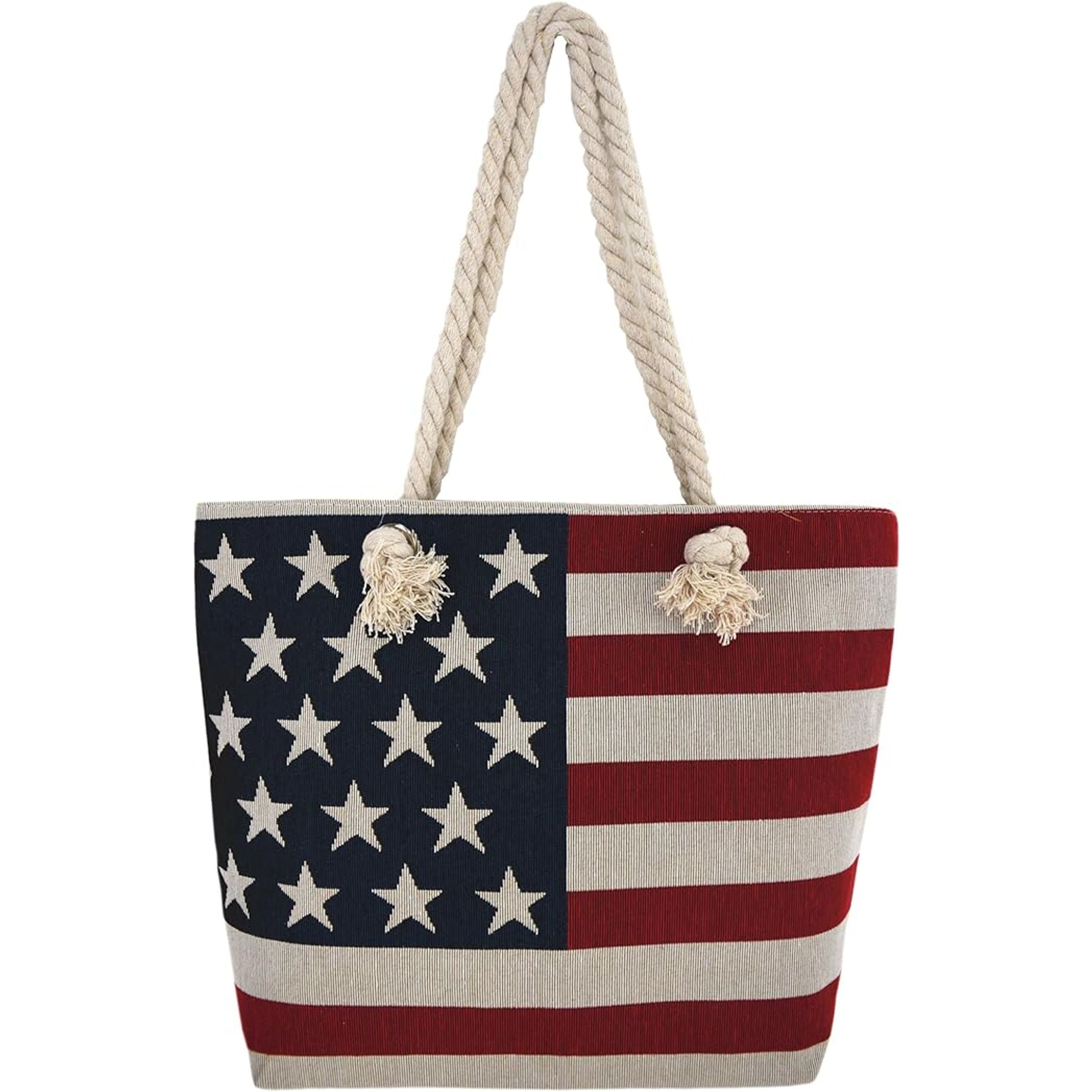 SEE-THRU MESH TOTE WITH FAUX LEATHER BOTTOM - USA FLAG