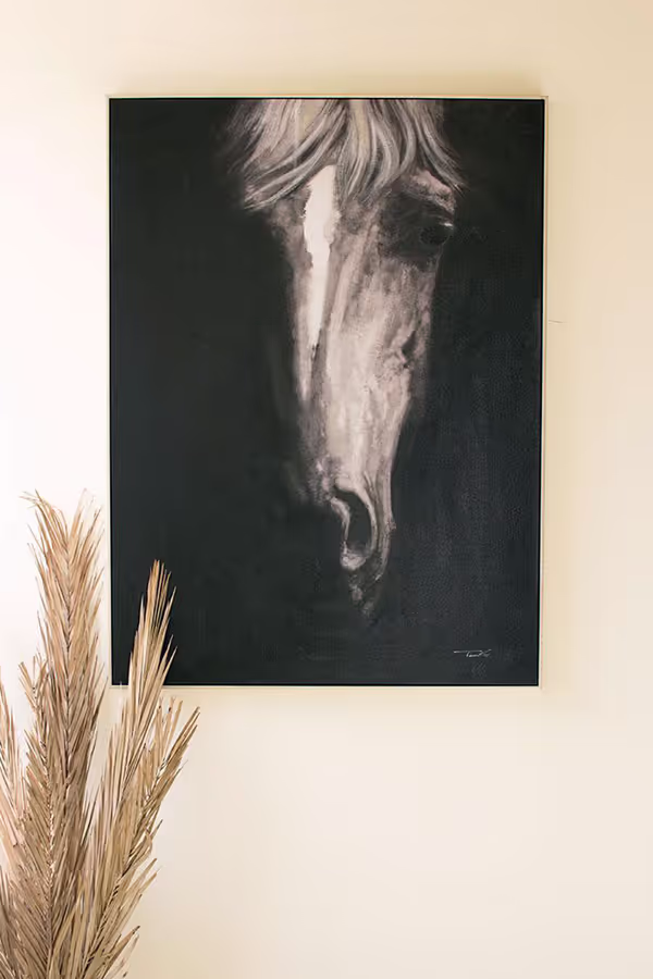Framed Black and White Front View Horse Painting