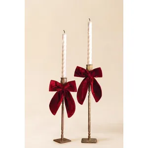 Set of 2 Antique Brass Taper Candle Holders with Velvet Bows 3