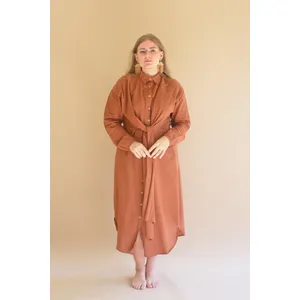 Long-Sleeve Button-Front Dress with Front-Tie Detail / Cinnamon 1