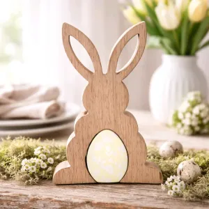 Wooden Bunny with Enamel Egg Cutout 3D 5.5in 1