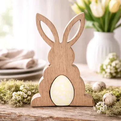 Wooden Bunny with Enamel Egg Cutout 3D 5.5in