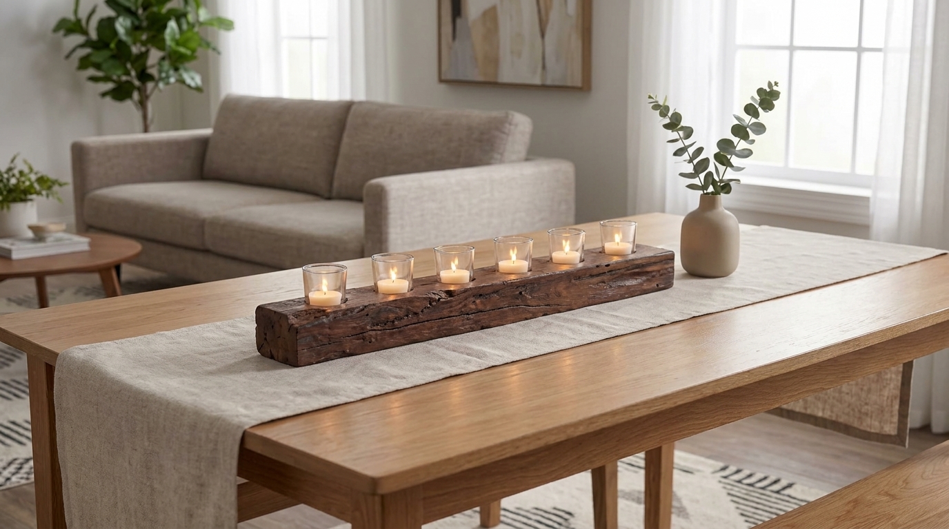 Reclaimed wood beam candle holder centerpiece on dining table runner