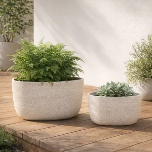 S/2 18/22" OBLONG CEMENT TEXTURE RESIN PLANTERS 2