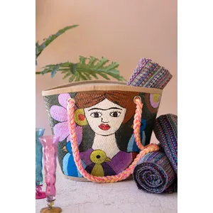 Girl with Blue Birds Hand-Painted Seagrass Bag 6