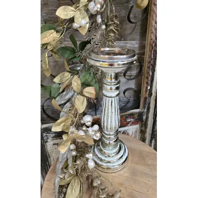 Short Silver & White Candle Holder 4.5x4.5x12in
