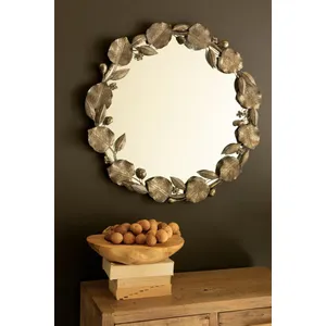 Round Rustic Metal Framed Mirror with Leaf and Fruit Detail 1
