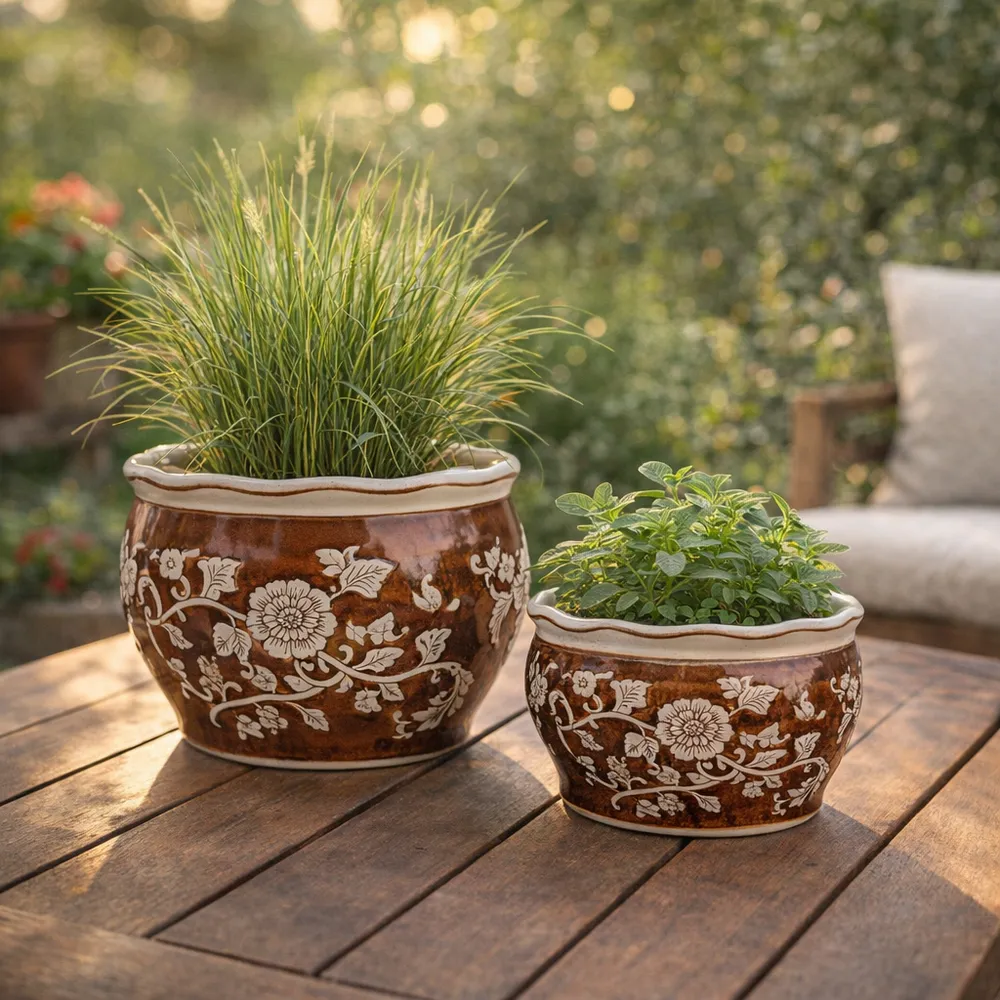 HENLEYDALE SET OF 2 BROWN PLANTER 8 (IN)