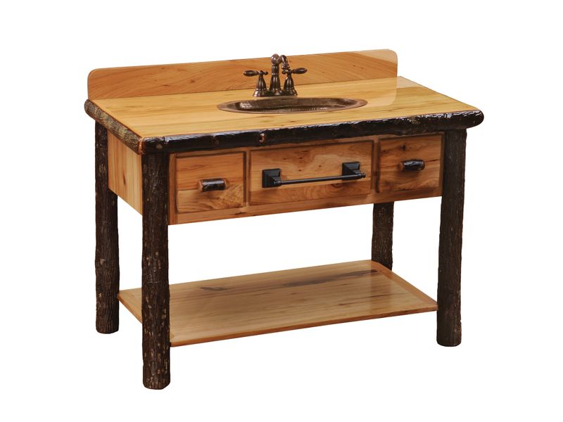 Hickory Log Two Drawer Open Vanity with Shelf - Slab Style Top - Cinnamon - Liquid Glass 1