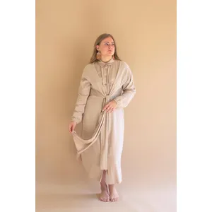 Long-Sleeve Button-Front Dress with Front-Tie Detail / Oatmeal 1
