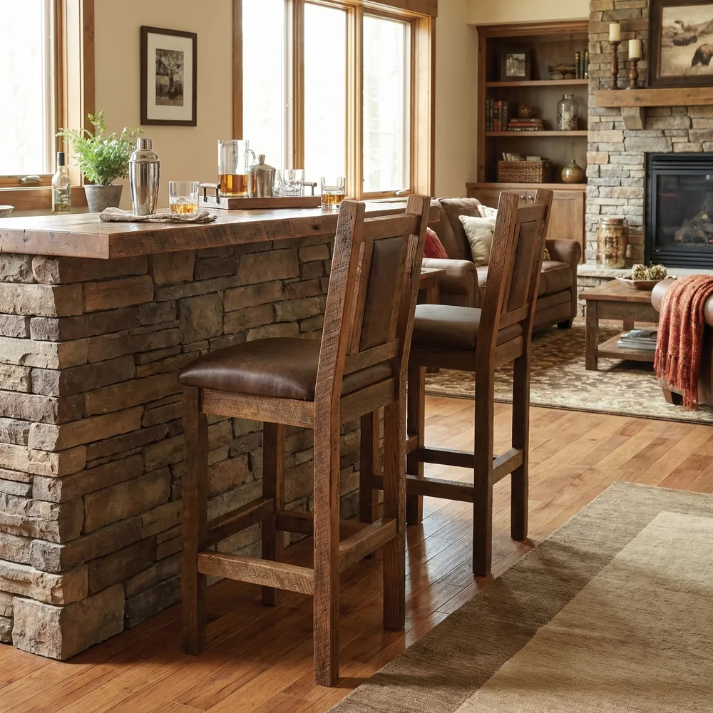 Barnwood Artisan Square Counter Stool with Back - Upholstered Seat and Back - Upgrade