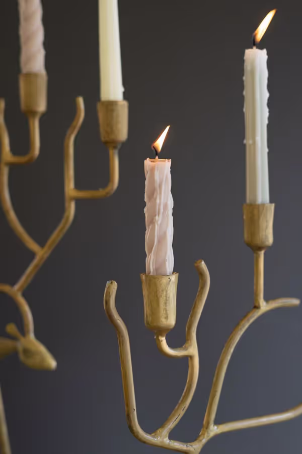 Set of 2 Antique Gold Forged Iron Christmas Deer Candelabras