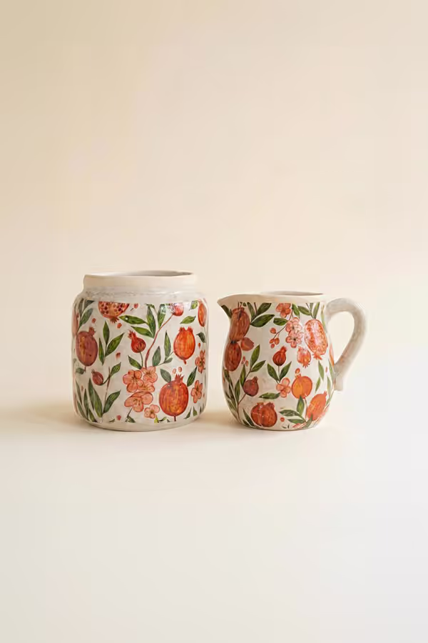 Set of 2 Cement Pitcher and Planter with Pomegranates