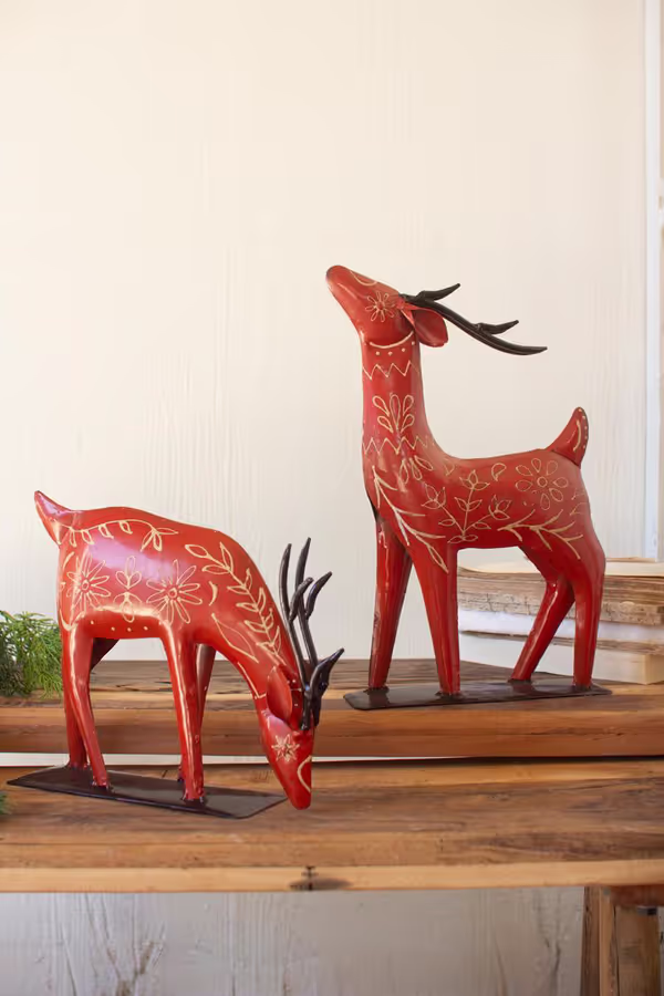 Set of 2 Painted Recycled Metal Folk Reindeer