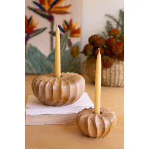 Set of 2 Carved Teakwood Pumpkins Taper Candleholders 1